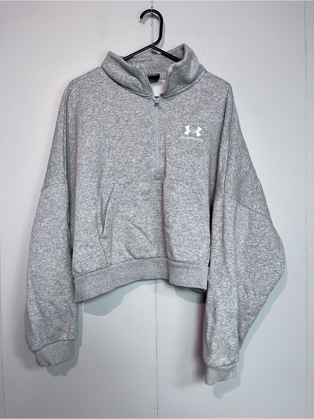 Under Armour Grey Quarter Zip Cropped Pullover Hoodie Sweatshirt XL